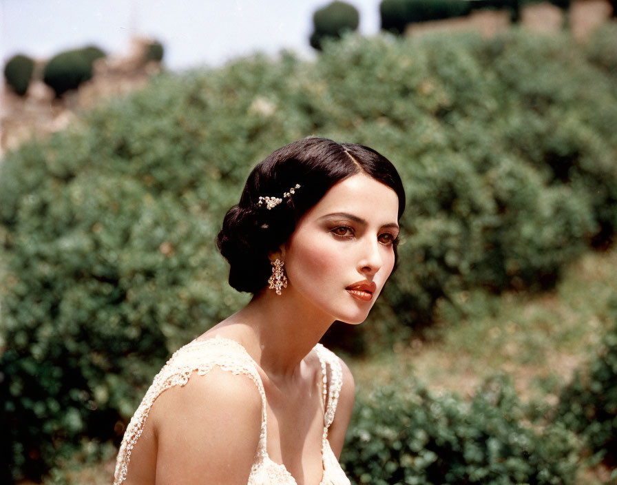 Dark-haired woman in vintage attire with floral hair accessories and lace dress against green shrub backdrop