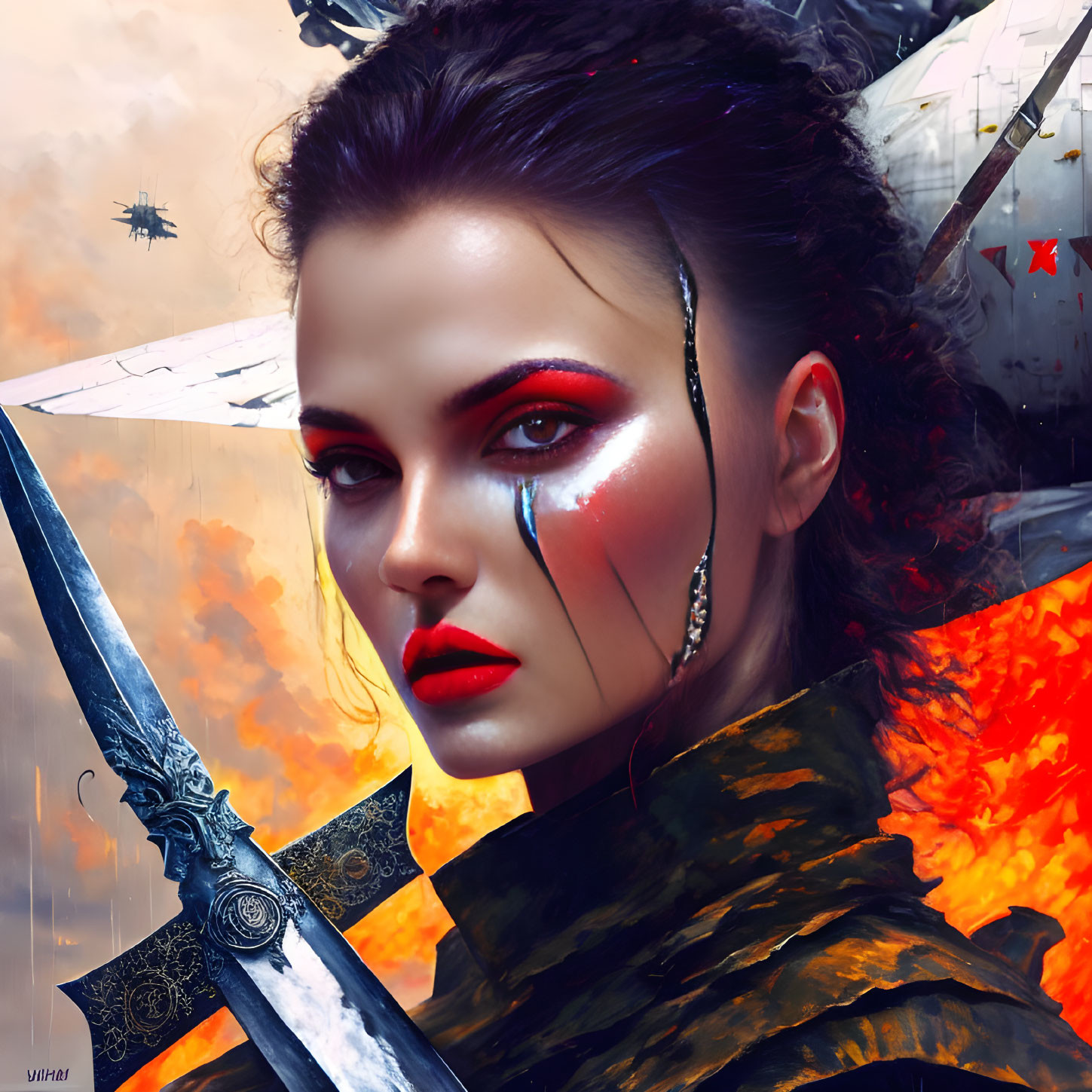 Warrior woman with red eyes, face paint, sword, fiery explosions, military aircraft