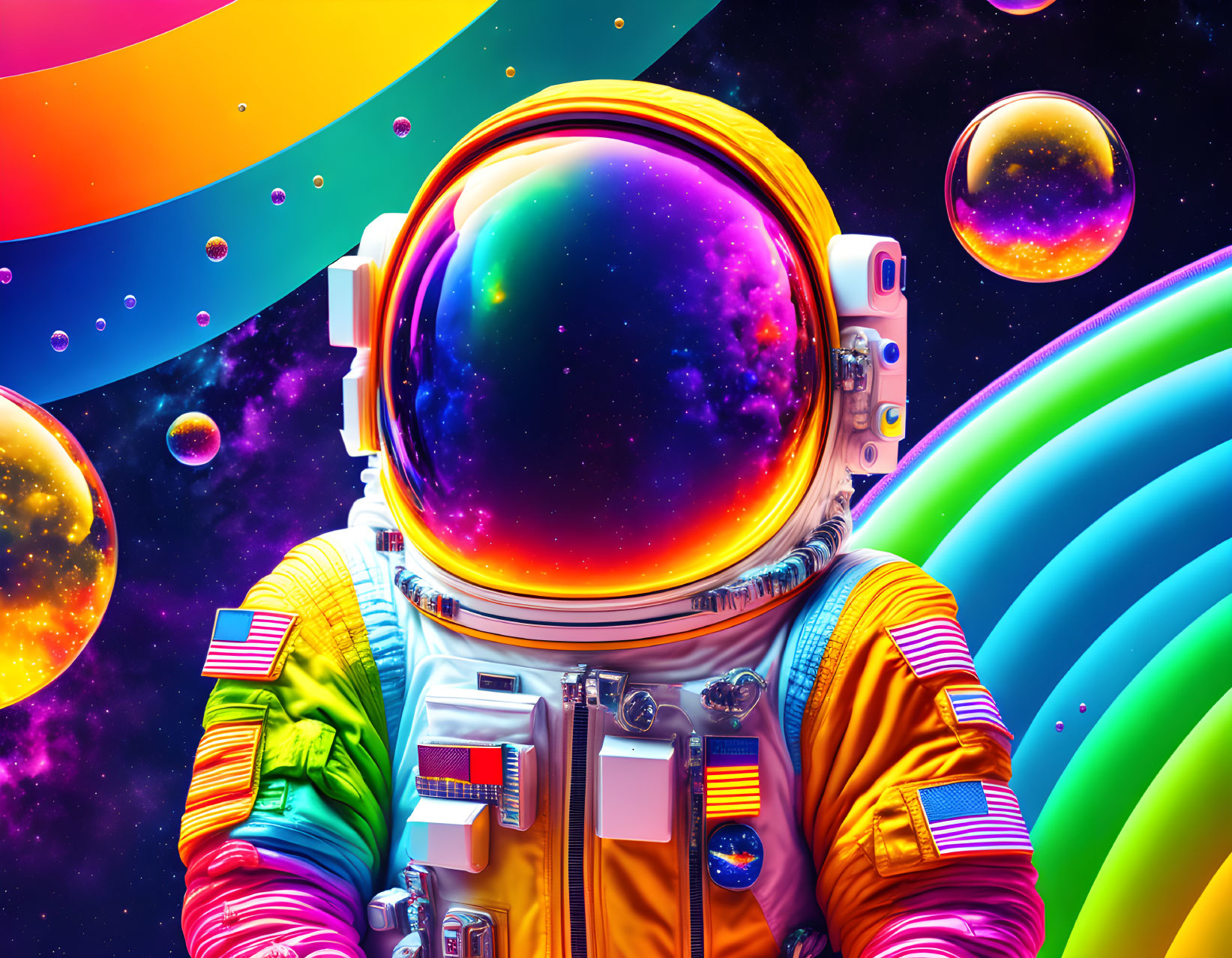 Colorful astronaut floats in vibrant cosmic scene