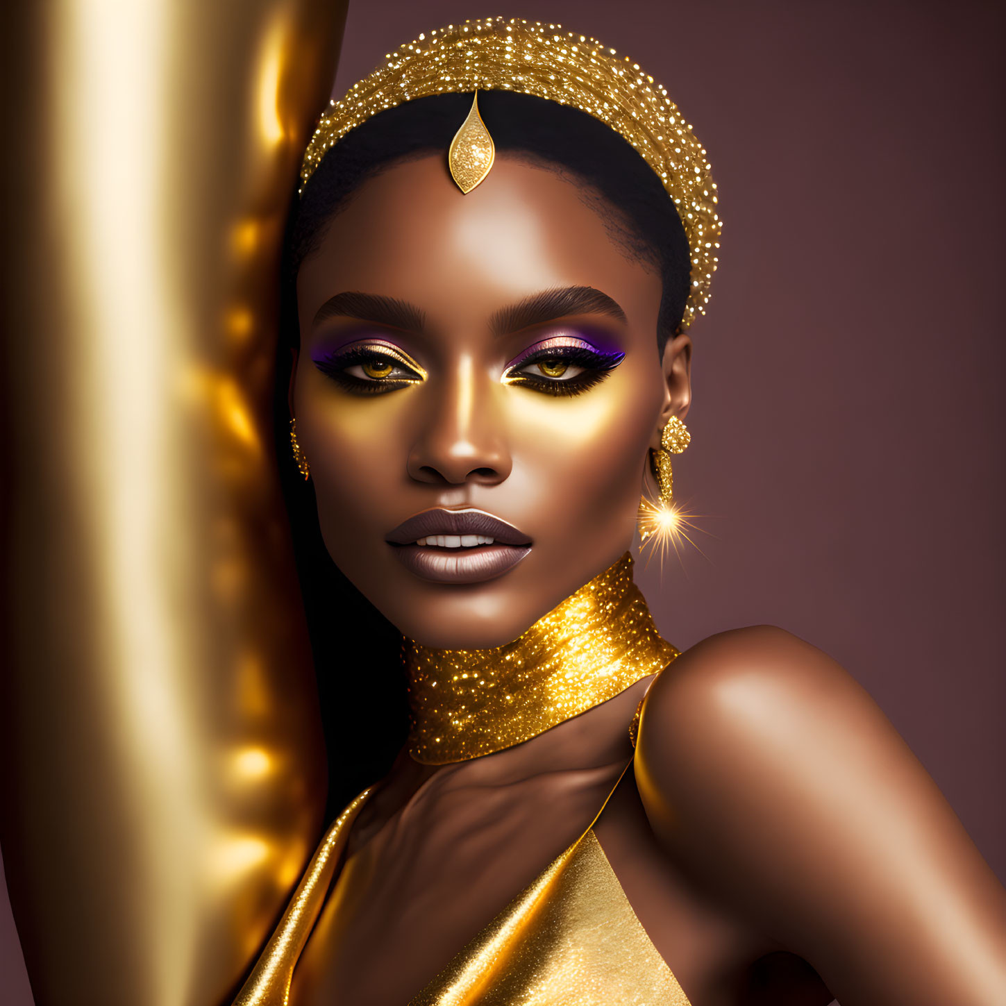 Regal Woman with Striking Makeup and Golden Jewelry