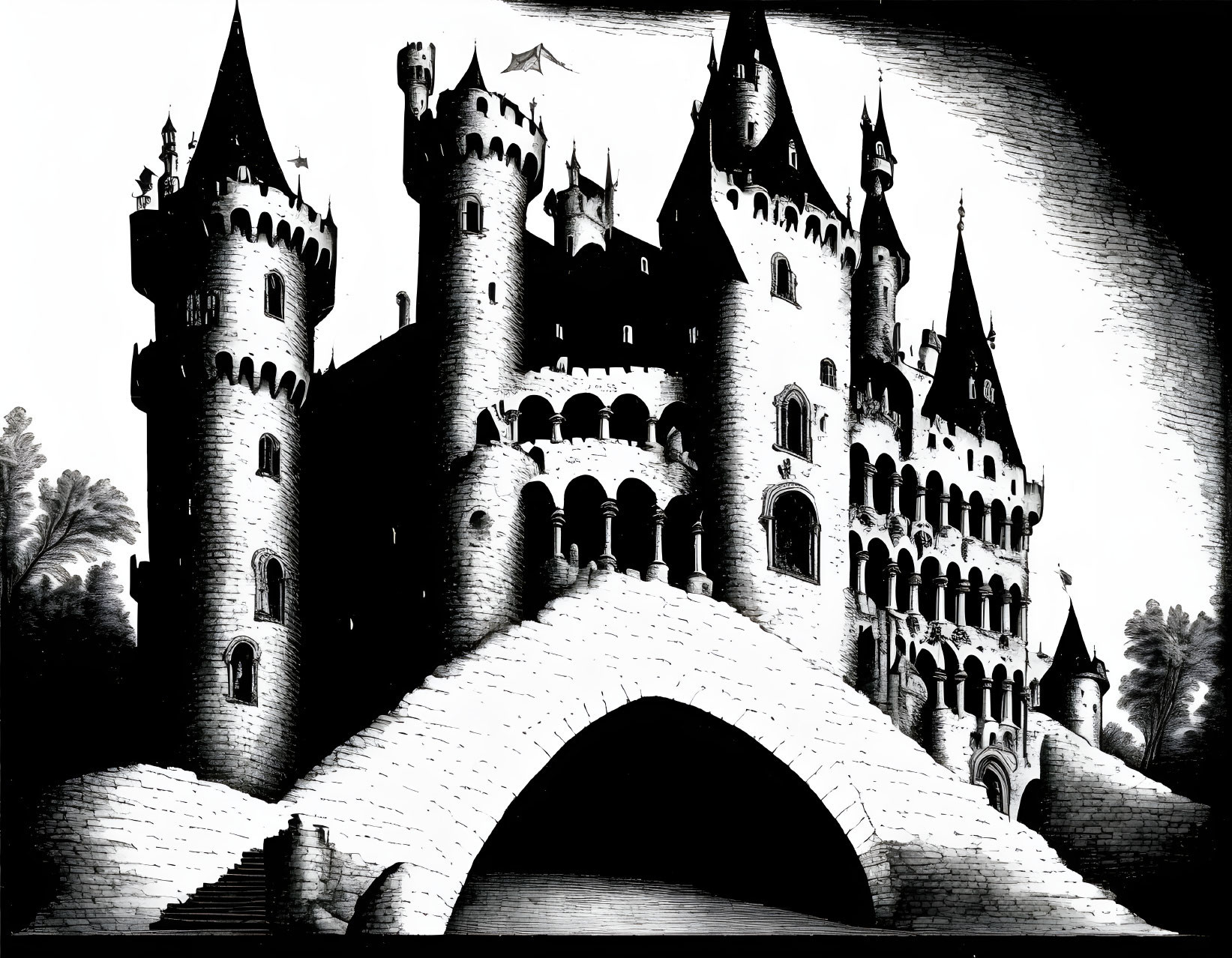 Detailed monochrome fairy-tale castle illustration against dark sky with palm trees