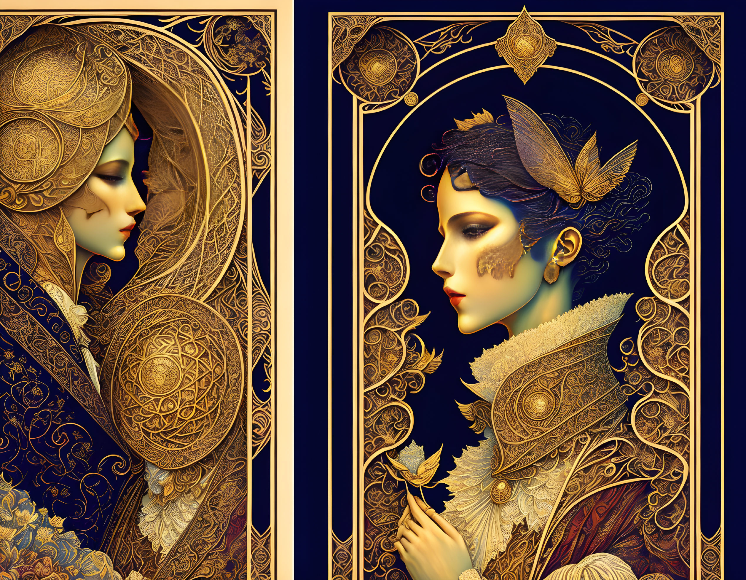 Ornate Art Nouveau Style Portraits of Elegantly Dressed Women