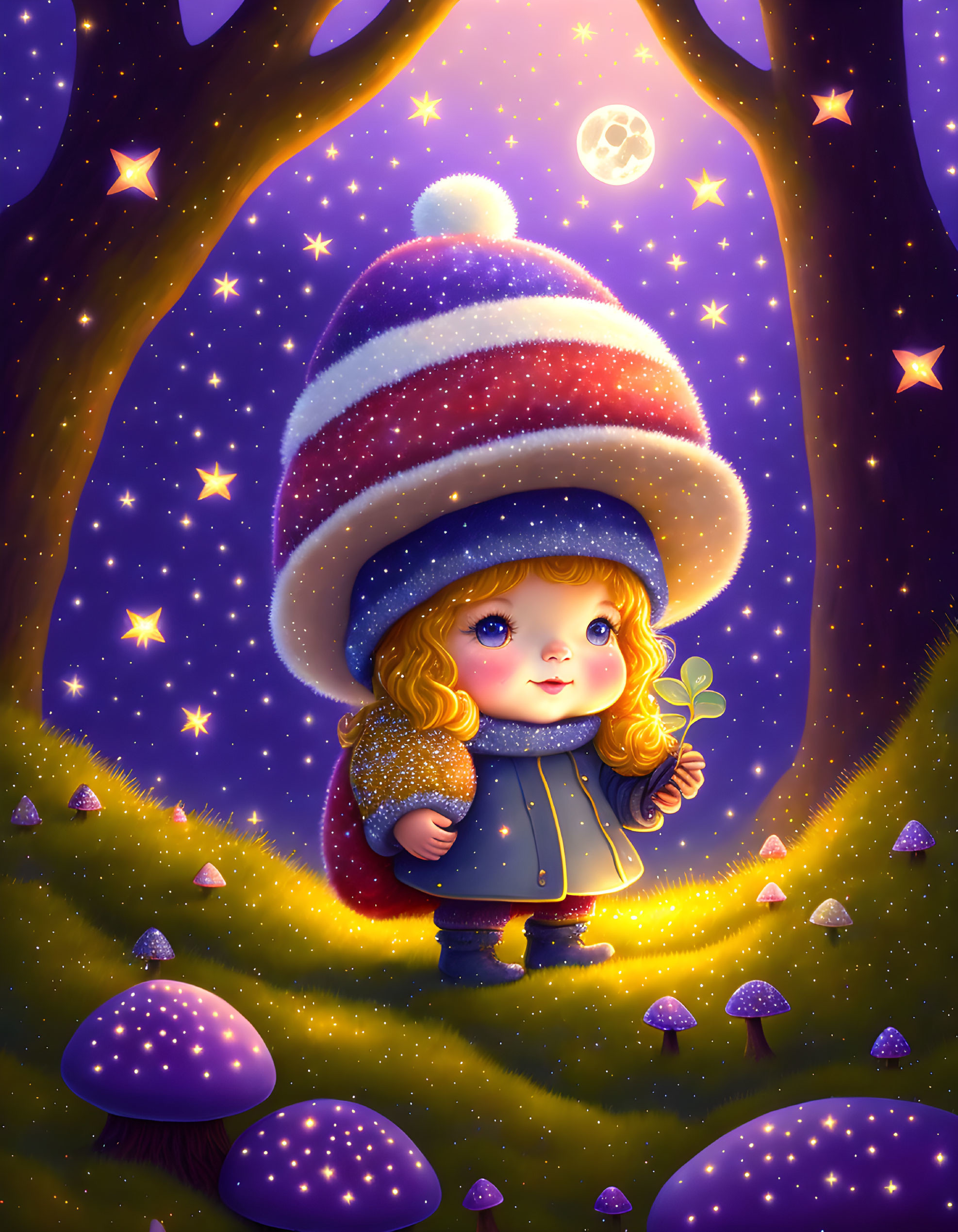 Whimsical illustration of young girl in large hat with glowing mushrooms under magical tree canopy