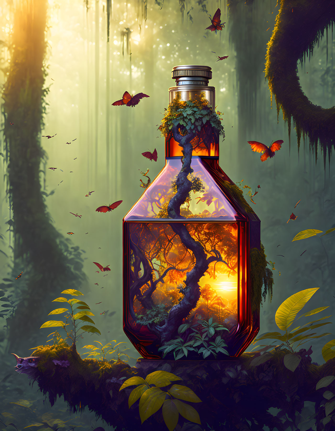 Mystical lantern with glowing tree, butterflies, and sunlight in enchanting forest