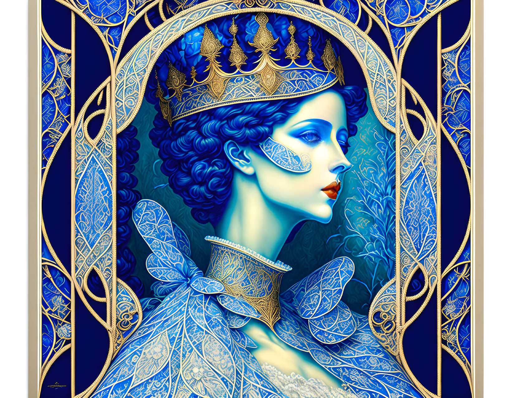 Regal woman with blue hair and golden crown on intricate blue background.