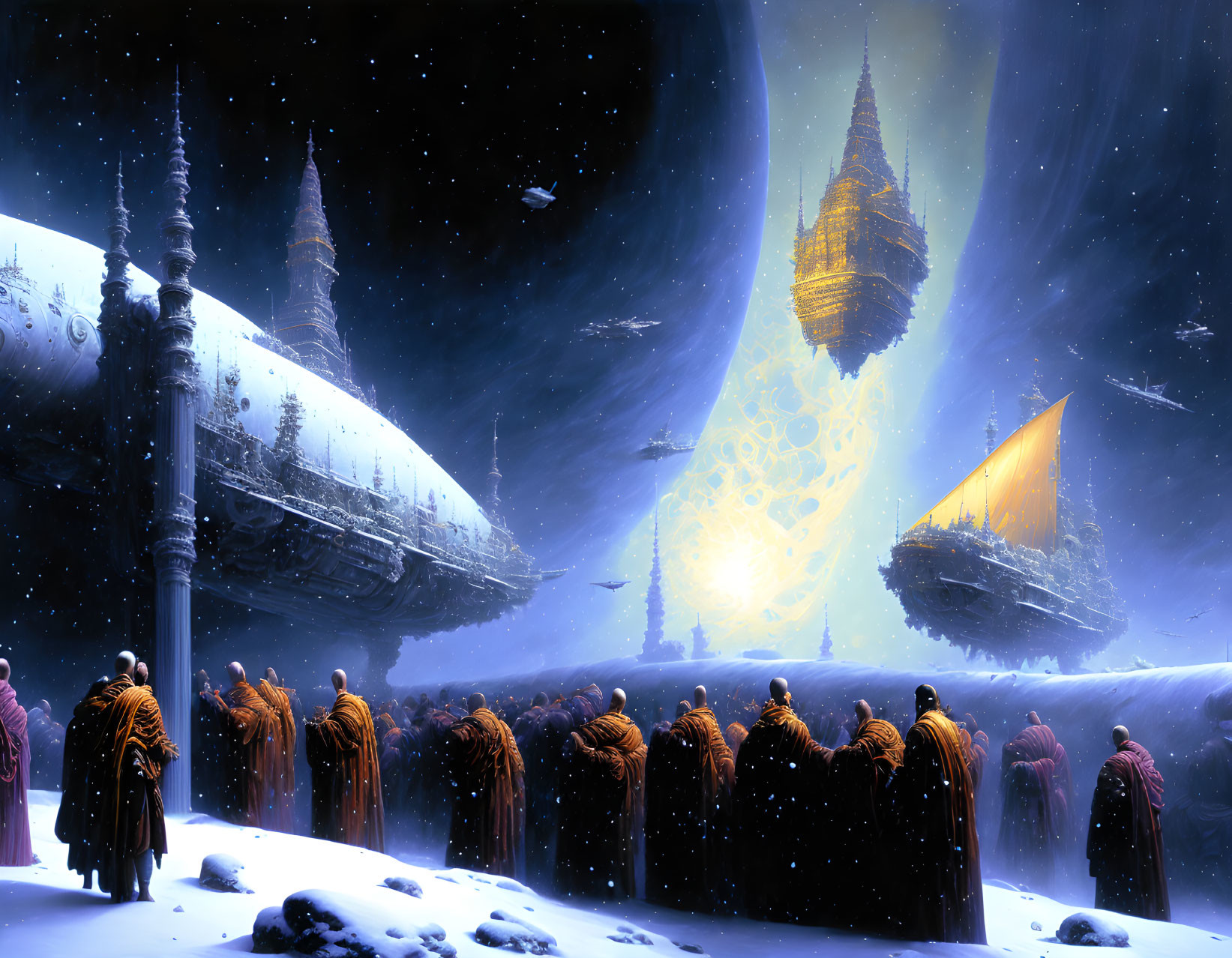 Robed Figures in Snowy Landscape with Futuristic Ships and Starry Sky