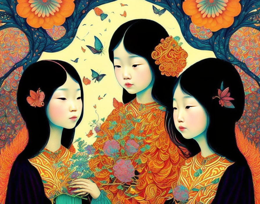 Illustration of three girls in traditional dresses with floral backgrounds and butterflies.