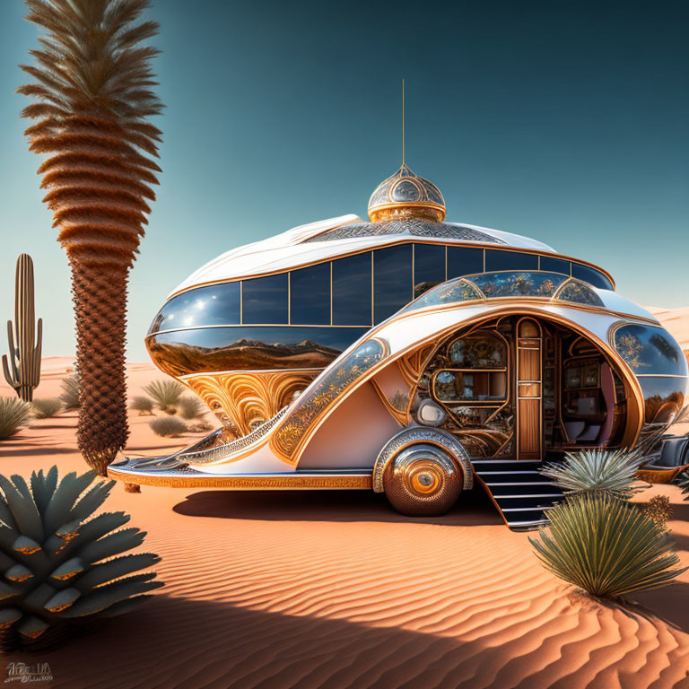 Dome-shaped futuristic building with shell-like extension in desert landscape