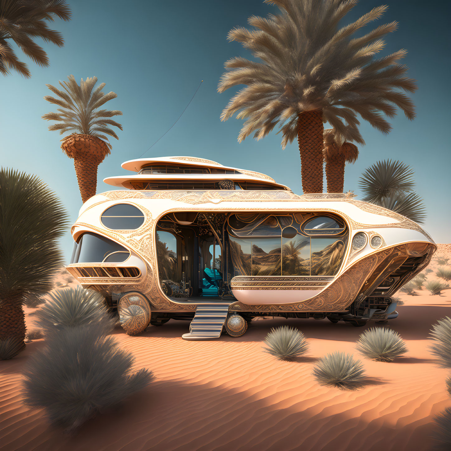 Ornate futuristic RV in desert oasis with palm trees