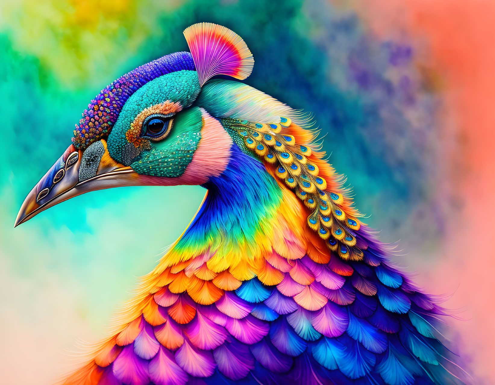 Colorful Bird Illustration with Rainbow Plumage and Eye Mark