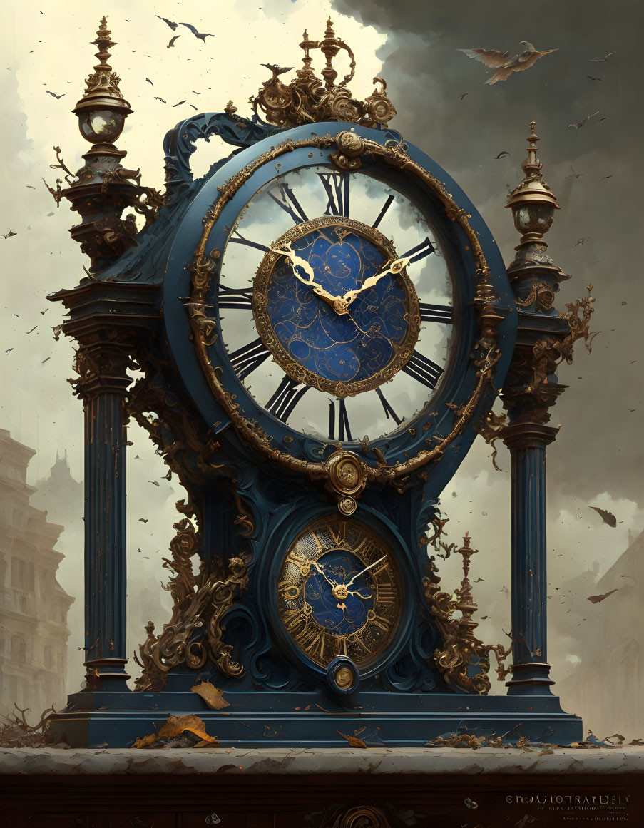 Intricate antique clock against cloudy urban backdrop and gold detailing