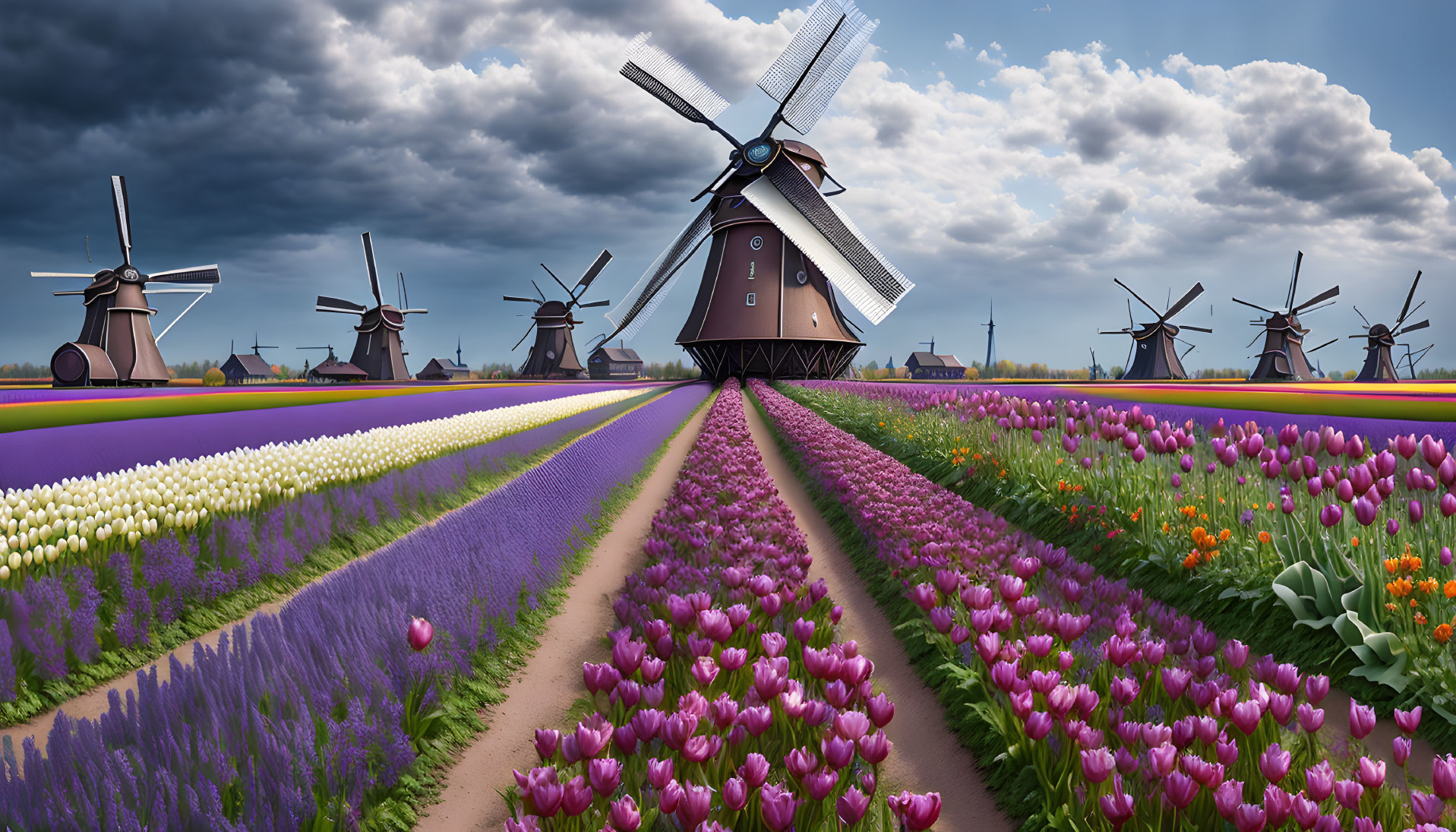 Colorful tulip fields with traditional windmills under dramatic sky