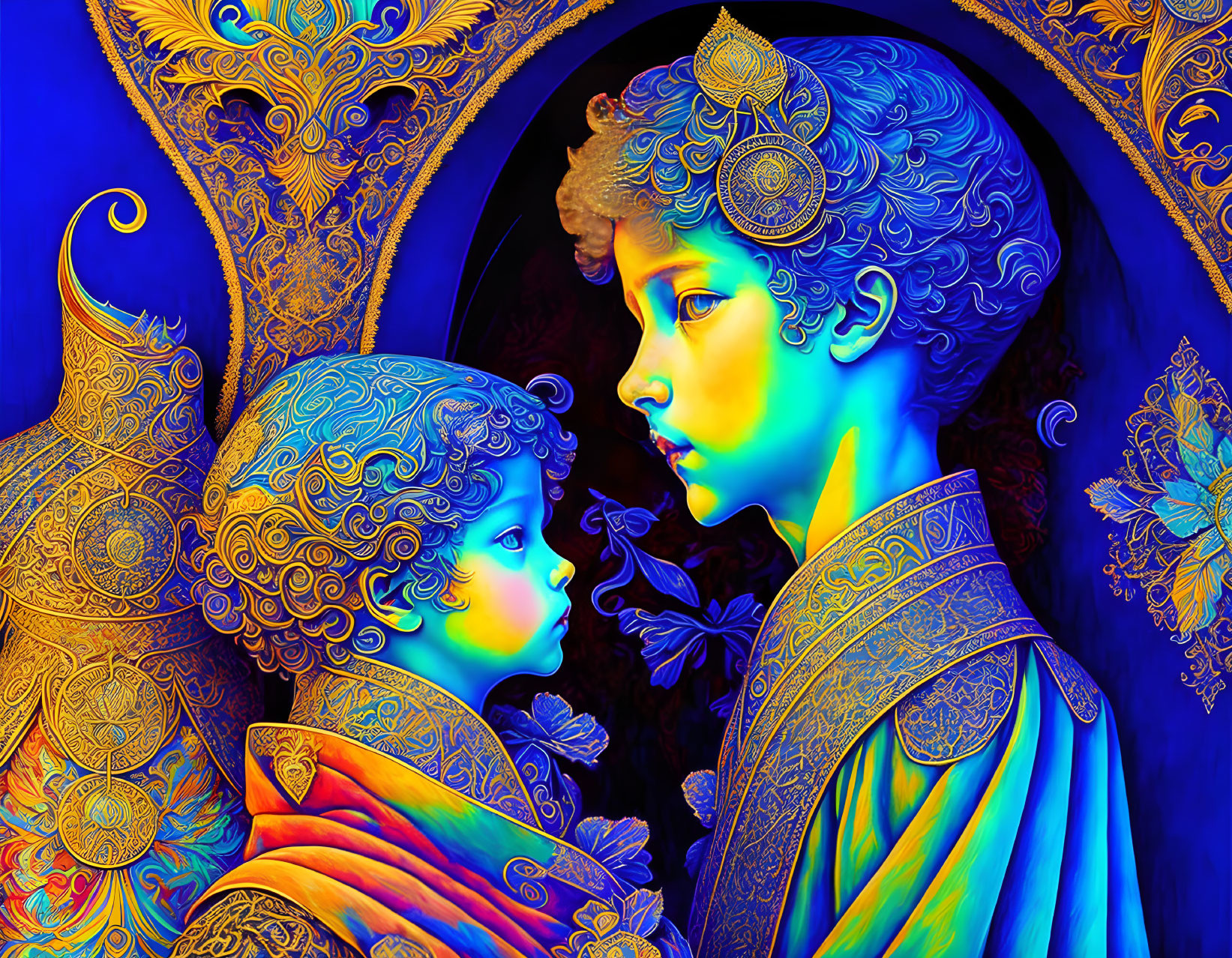 Ethereal children with intricate patterns in vibrant digital art