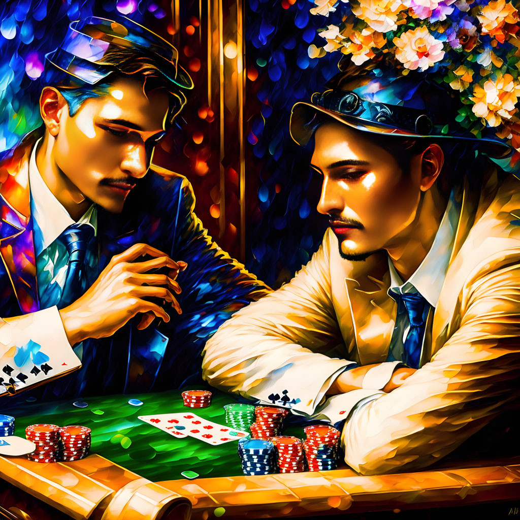 Intense poker game with vibrant lighting and floral backdrop