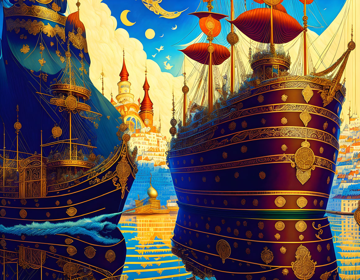 Golden-trimmed ships with red sails in a fantasy cityscape with crescent moons and palace sp