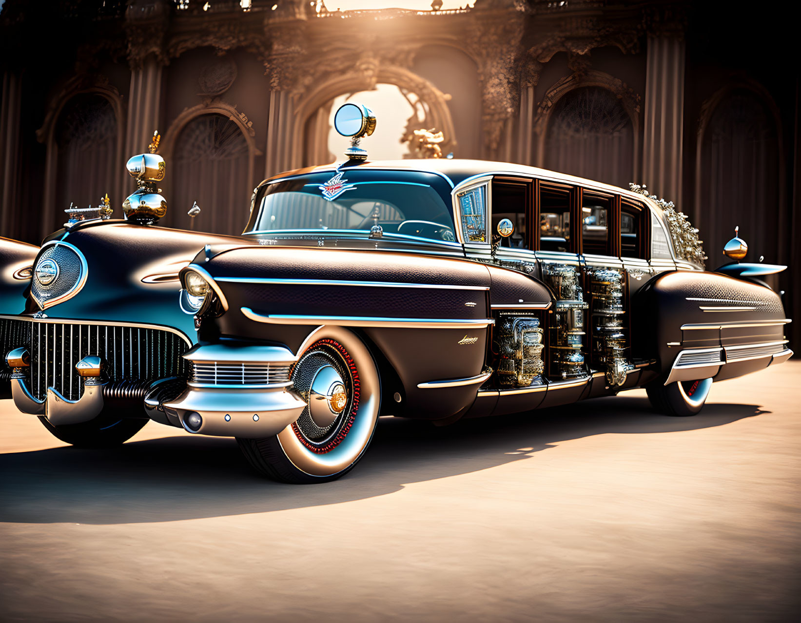 Vintage Black Luxury Car with Chrome Details and Futuristic Design Parked in Front of Ornate Building Fac