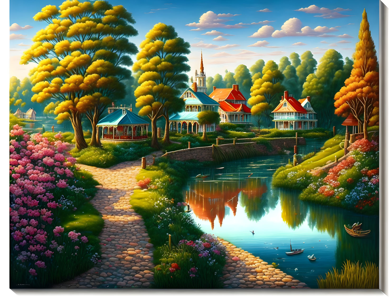 Victorian houses near river in serene landscape