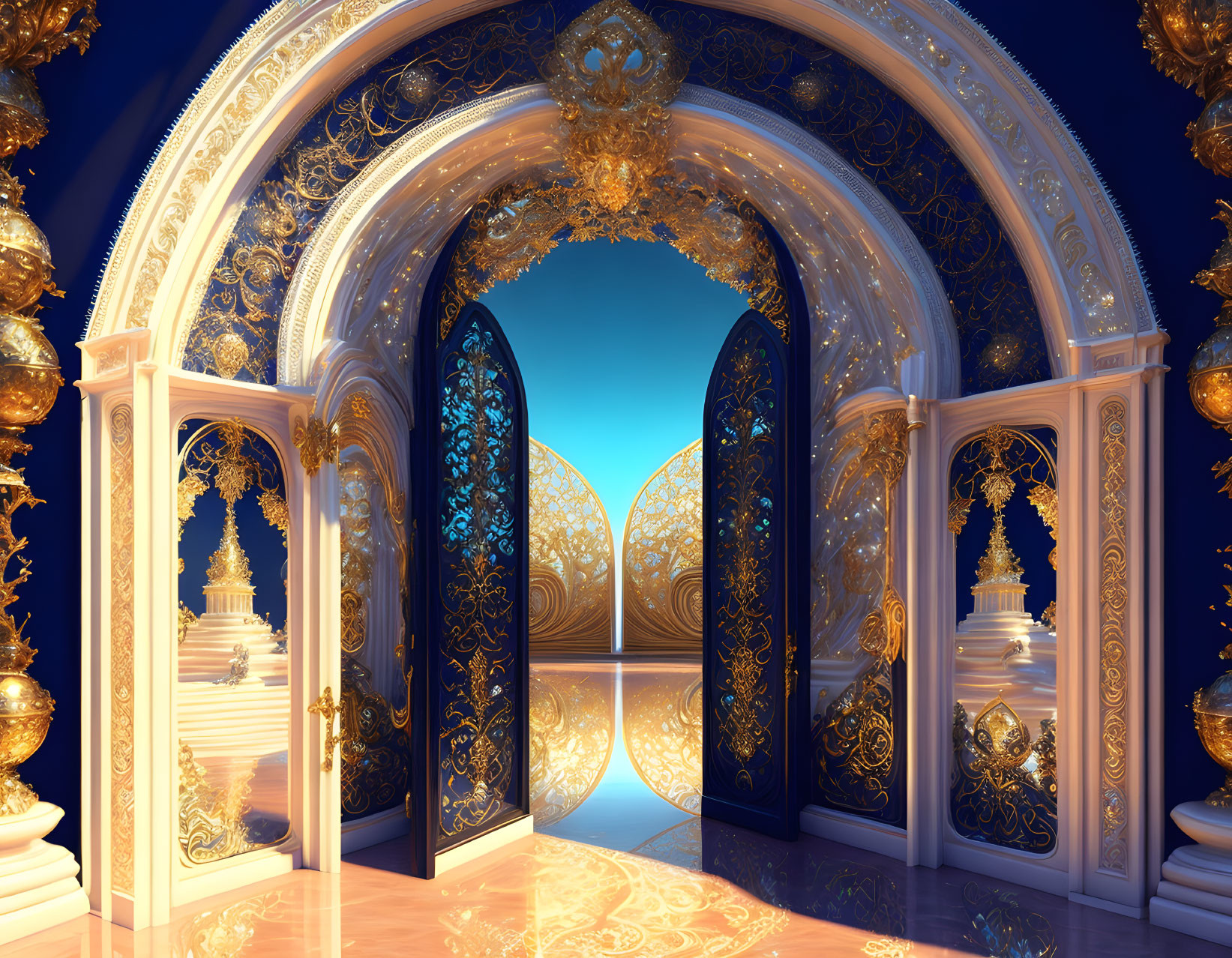 Luxurious Golden Archway and Vibrant Blue Corridor Decor