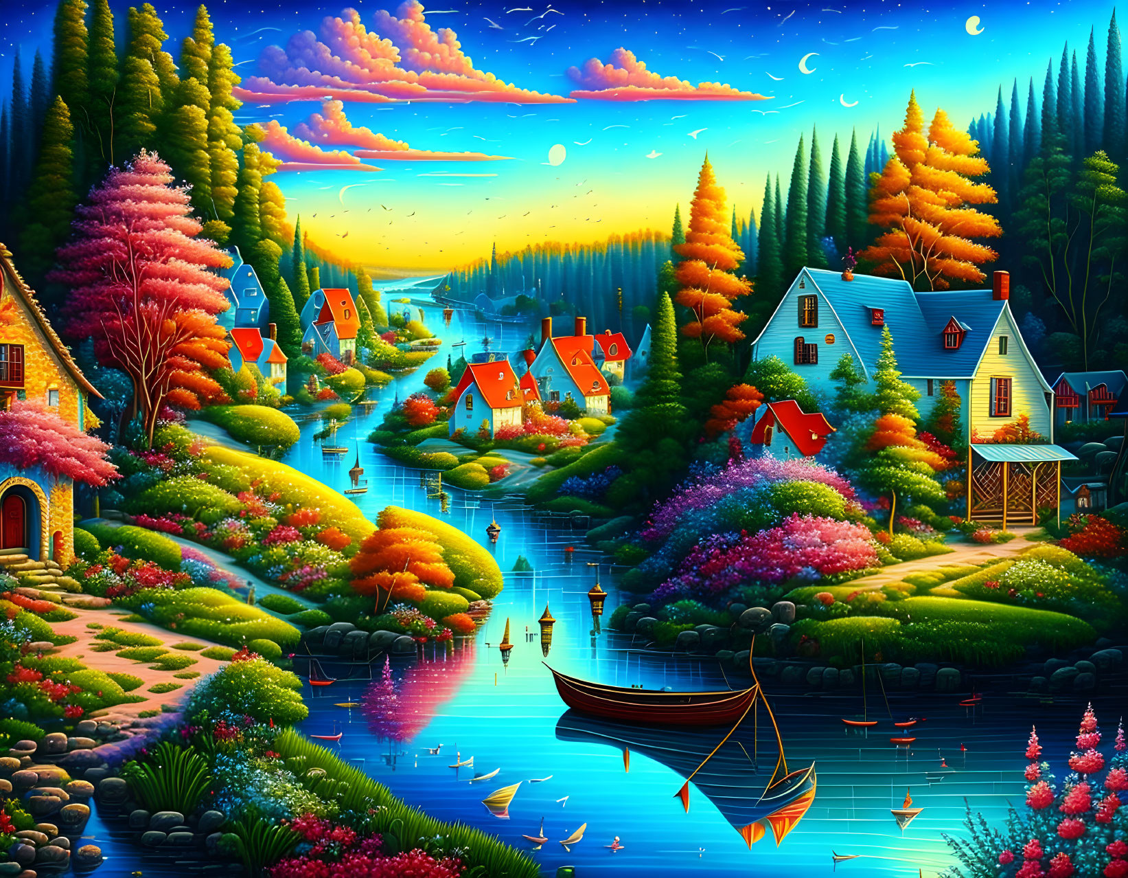 Colorful Landscape with Trees, Houses, River, Boat, and Twilight Sky