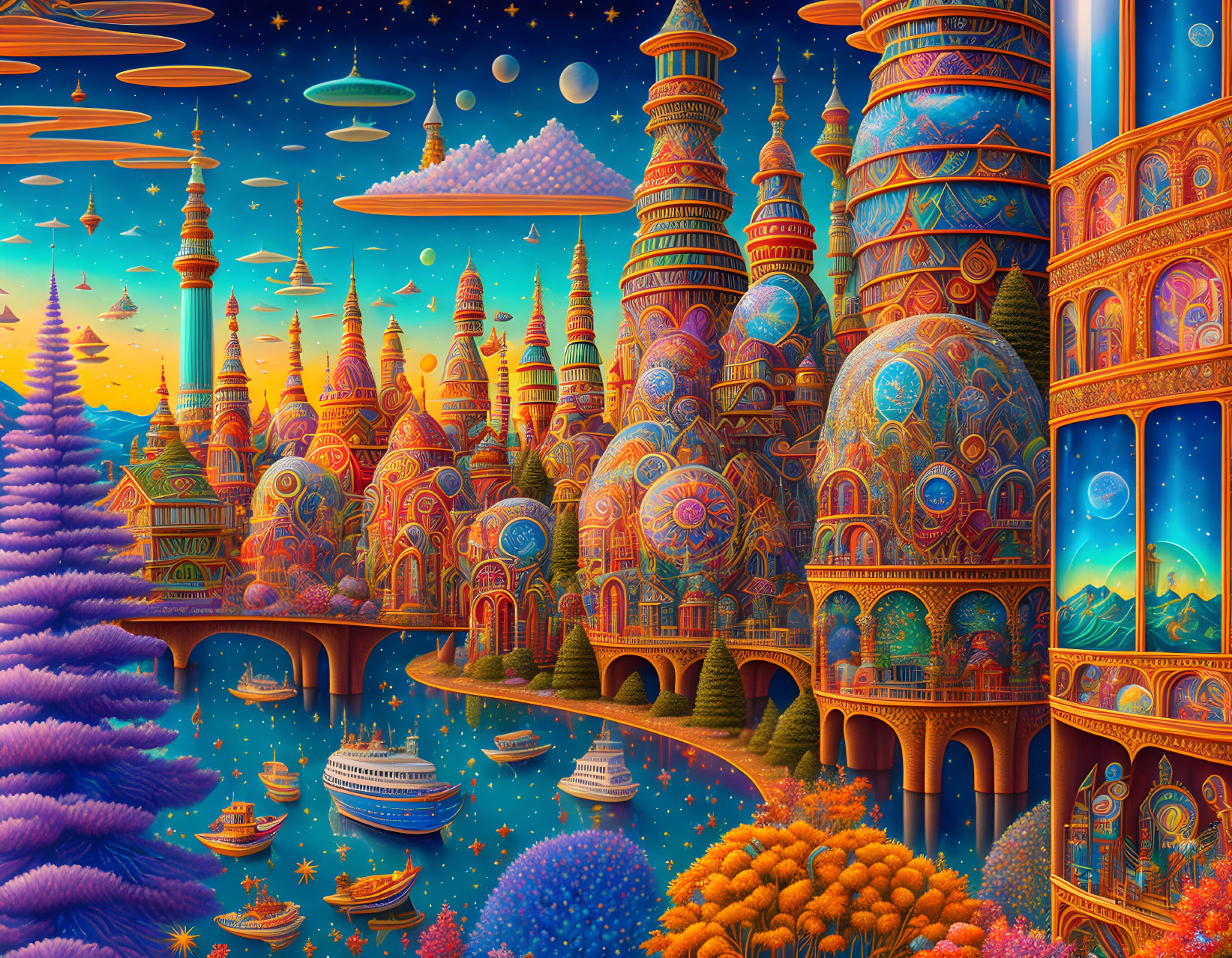 Detailed futuristic cityscape illustration with ornate buildings, flying vehicles, and colorful trees.