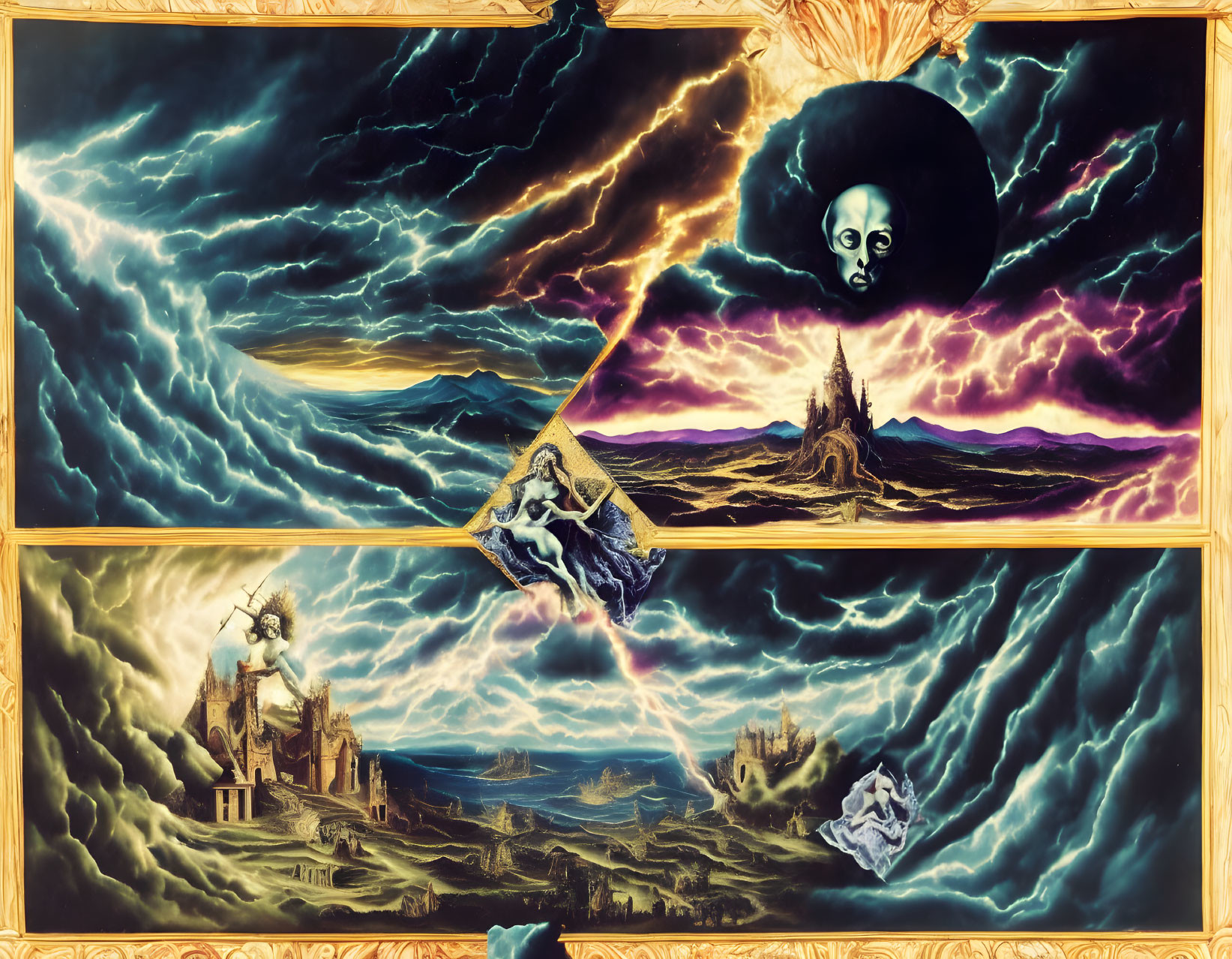 Surreal triptych: alien face, crashing waves, stormy landscapes