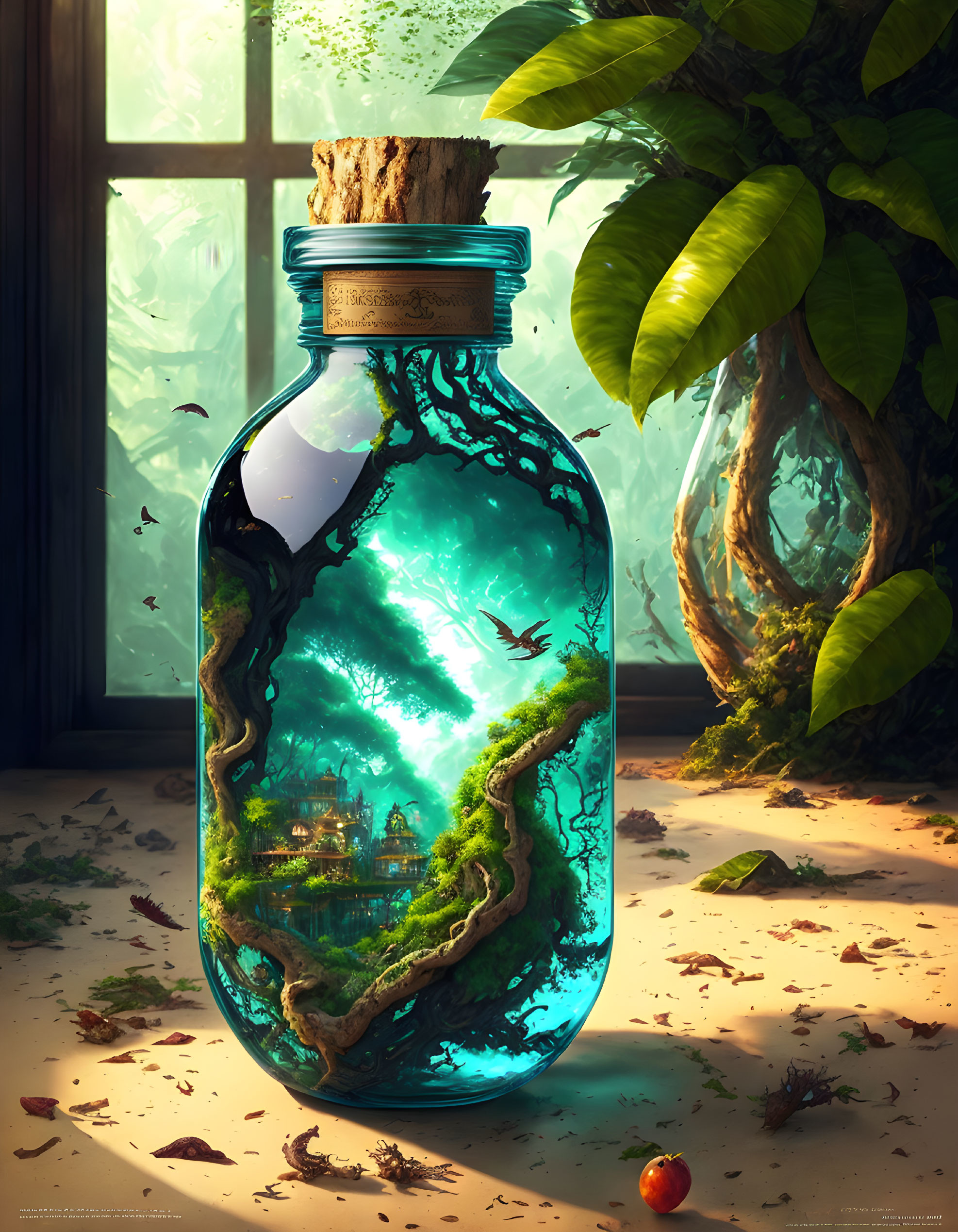 Miniature vibrant ecosystem in glass jar with lush tree, winding branch, and whimsical castle under dusk