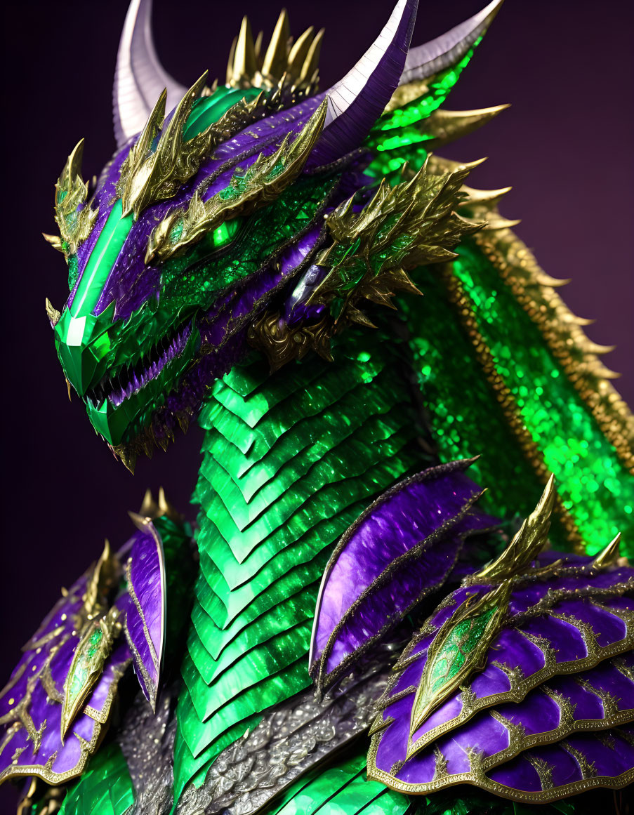 Detailed Green and Purple Dragon with Metallic Scales and Golden Horns on Purple Background