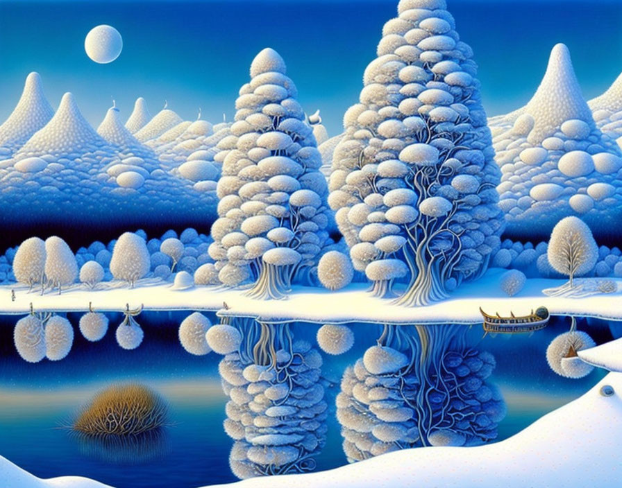 Snow-covered trees and moonlit lake with small boat in serene winter landscape