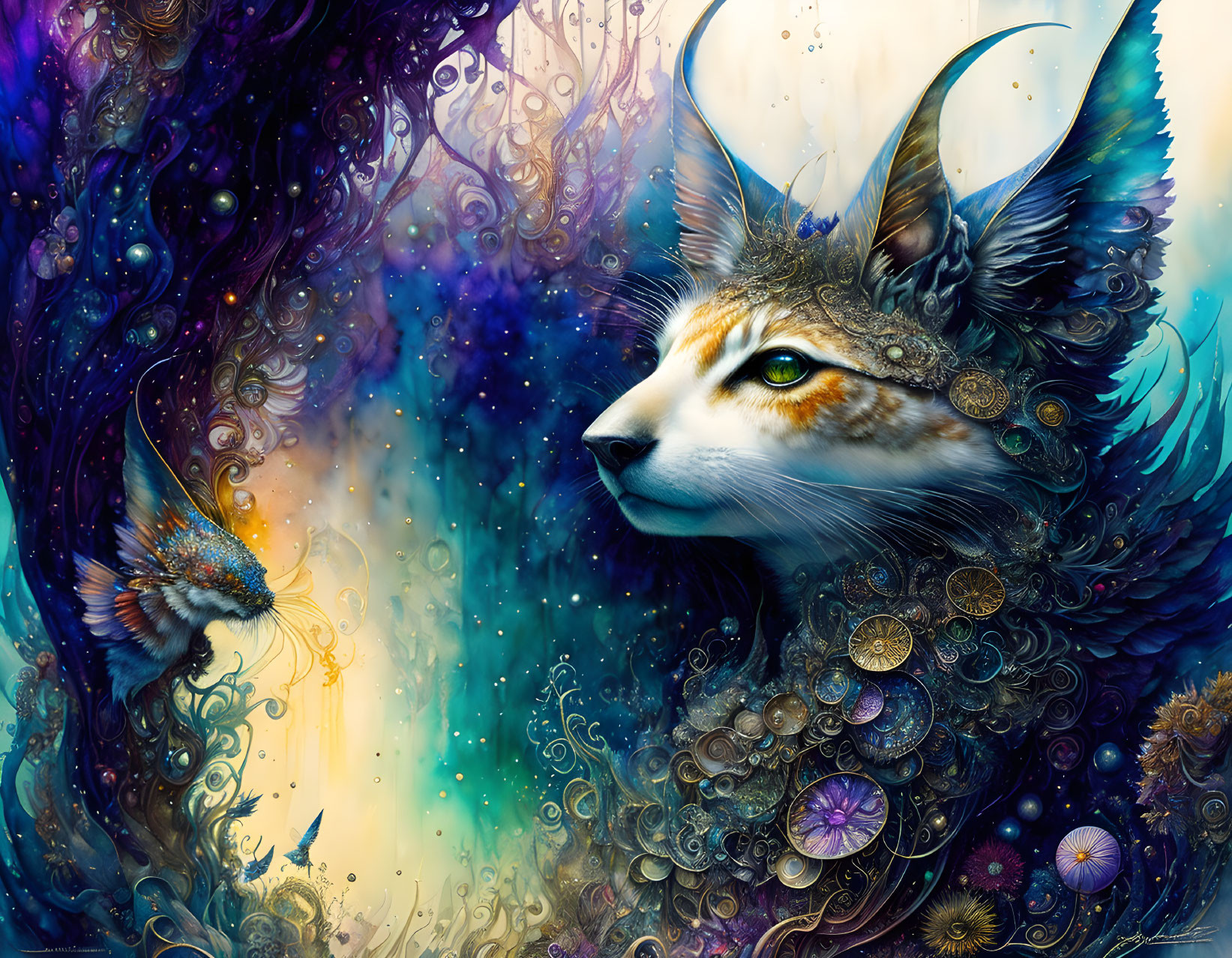 Majestic horned cat and dragon in cosmic fantasy scene