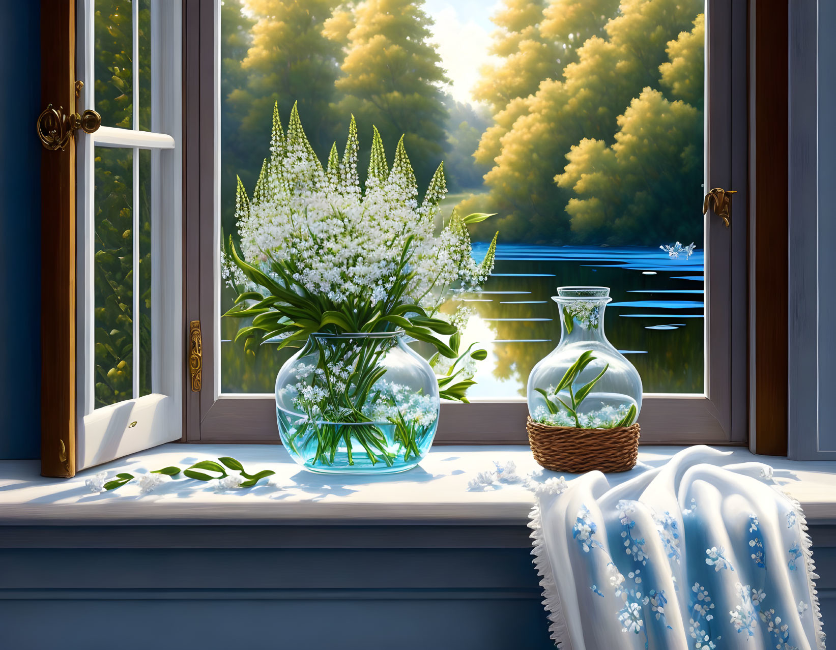 White flowers in vase on sunny windowsill overlooking trees and lake.