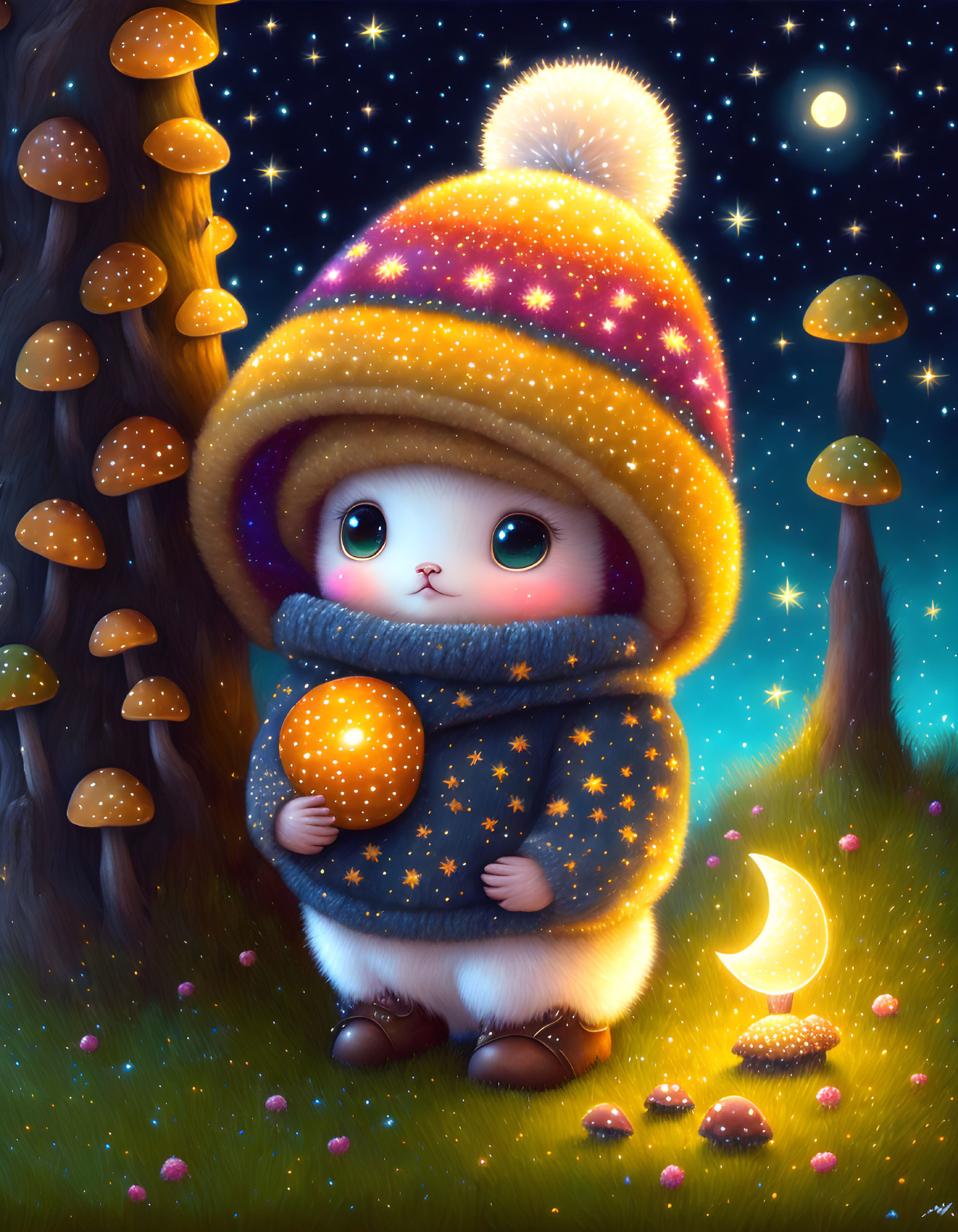 Cartoon creature in starry hat and scarf in whimsical forest with glowing mushrooms and moon-shaped lantern