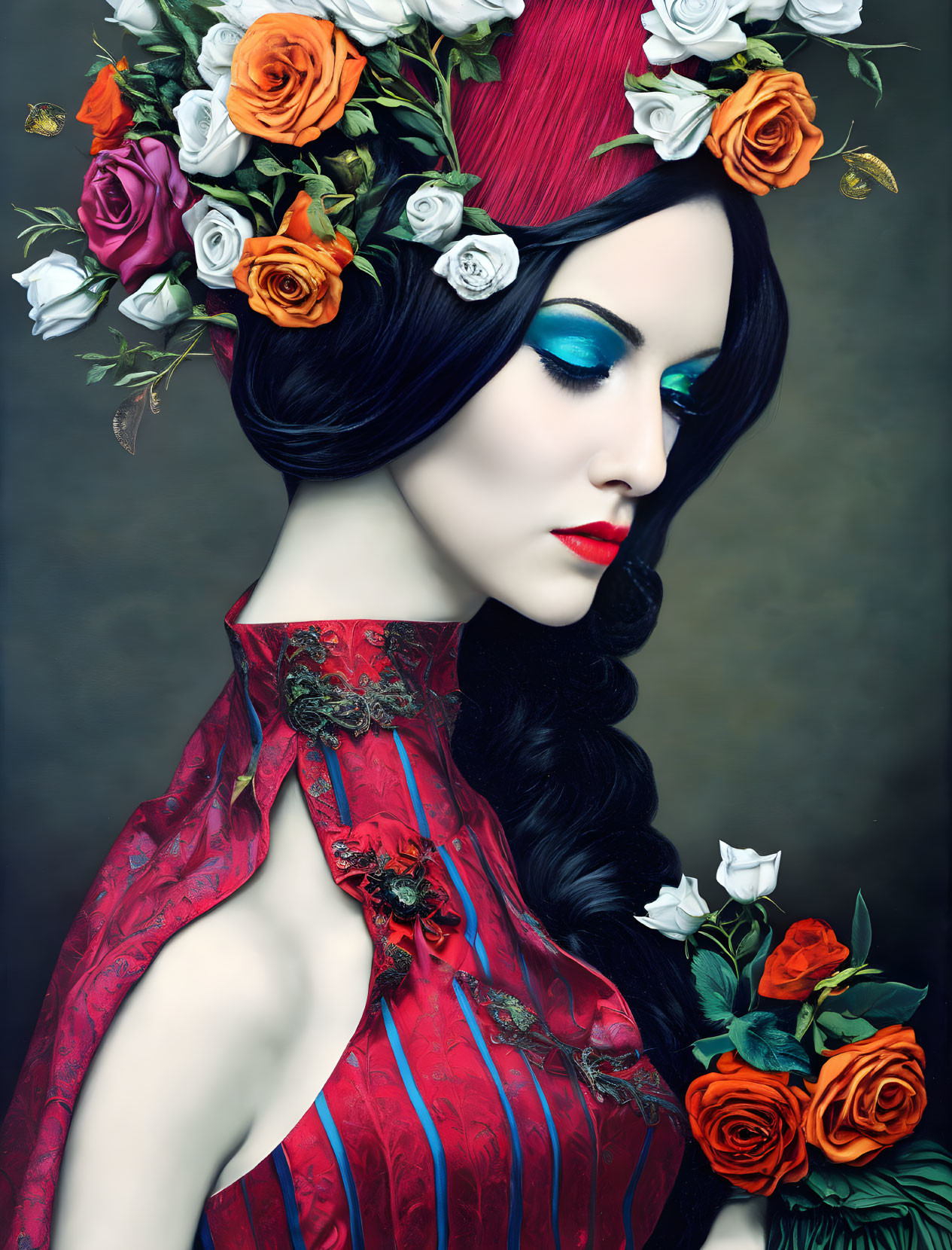 Woman in Floral Headpiece and Red Gown with Vibrant Makeup