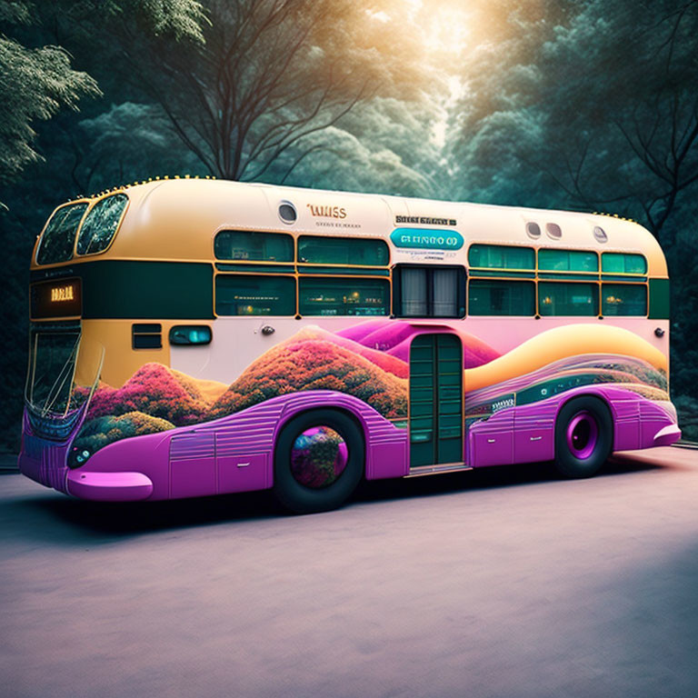 Colorful Retro Double-Decker Bus on Tree-Lined Road