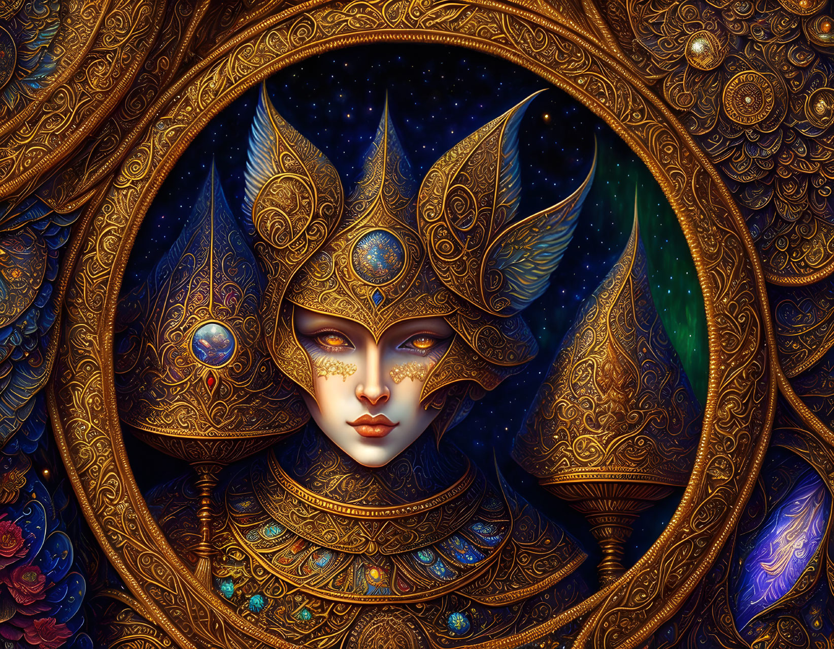 Detailed Celestial Character Illustration with Starry Backdrop and Golden Adornments