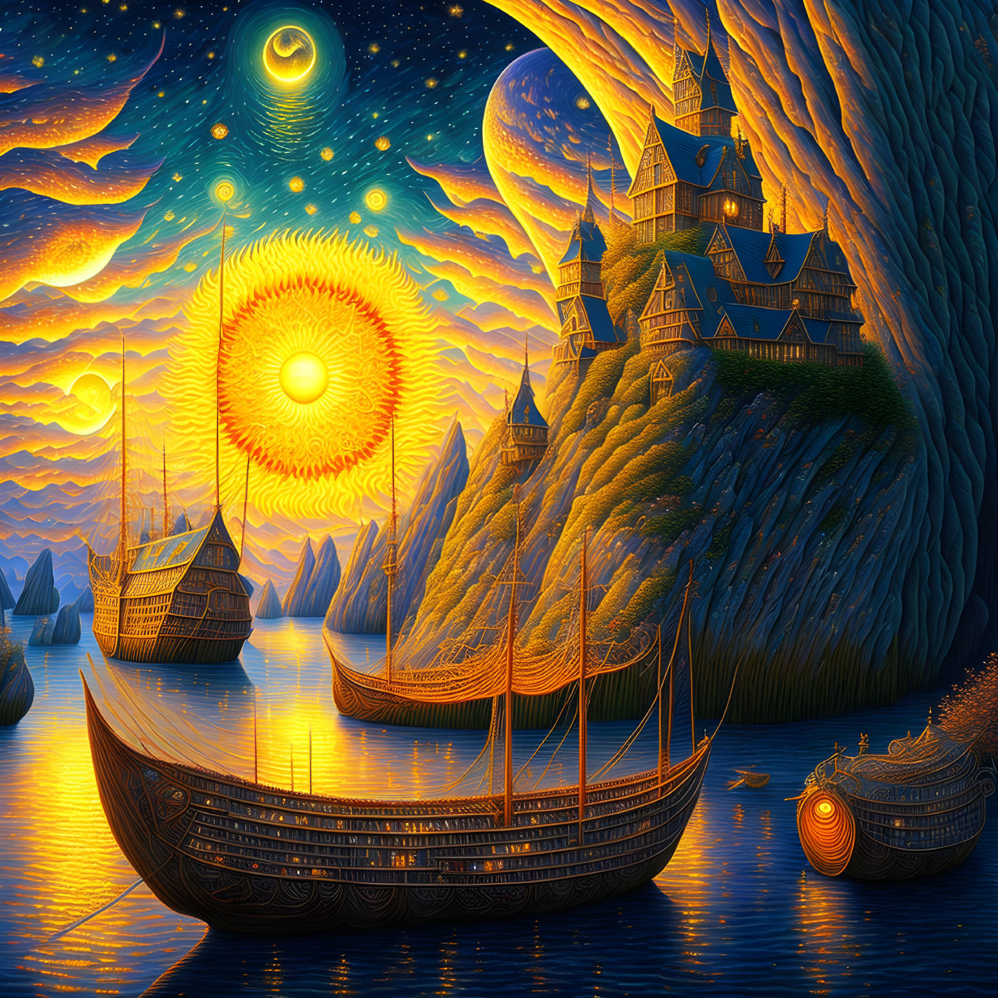 Colorful nautical scene with ships, castle, and celestial bodies in swirling sky