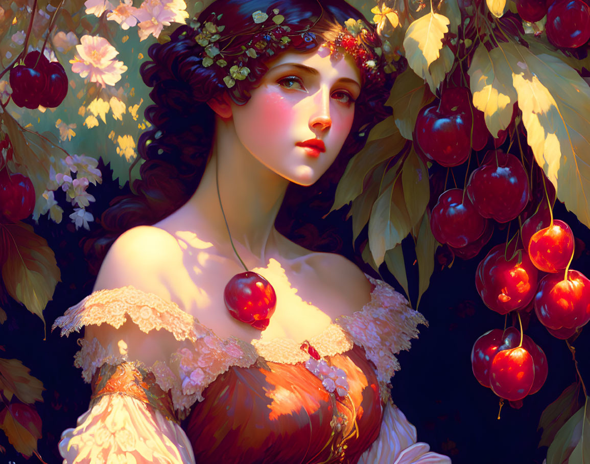 Serene woman with floral headpiece in lush foliage and cherries