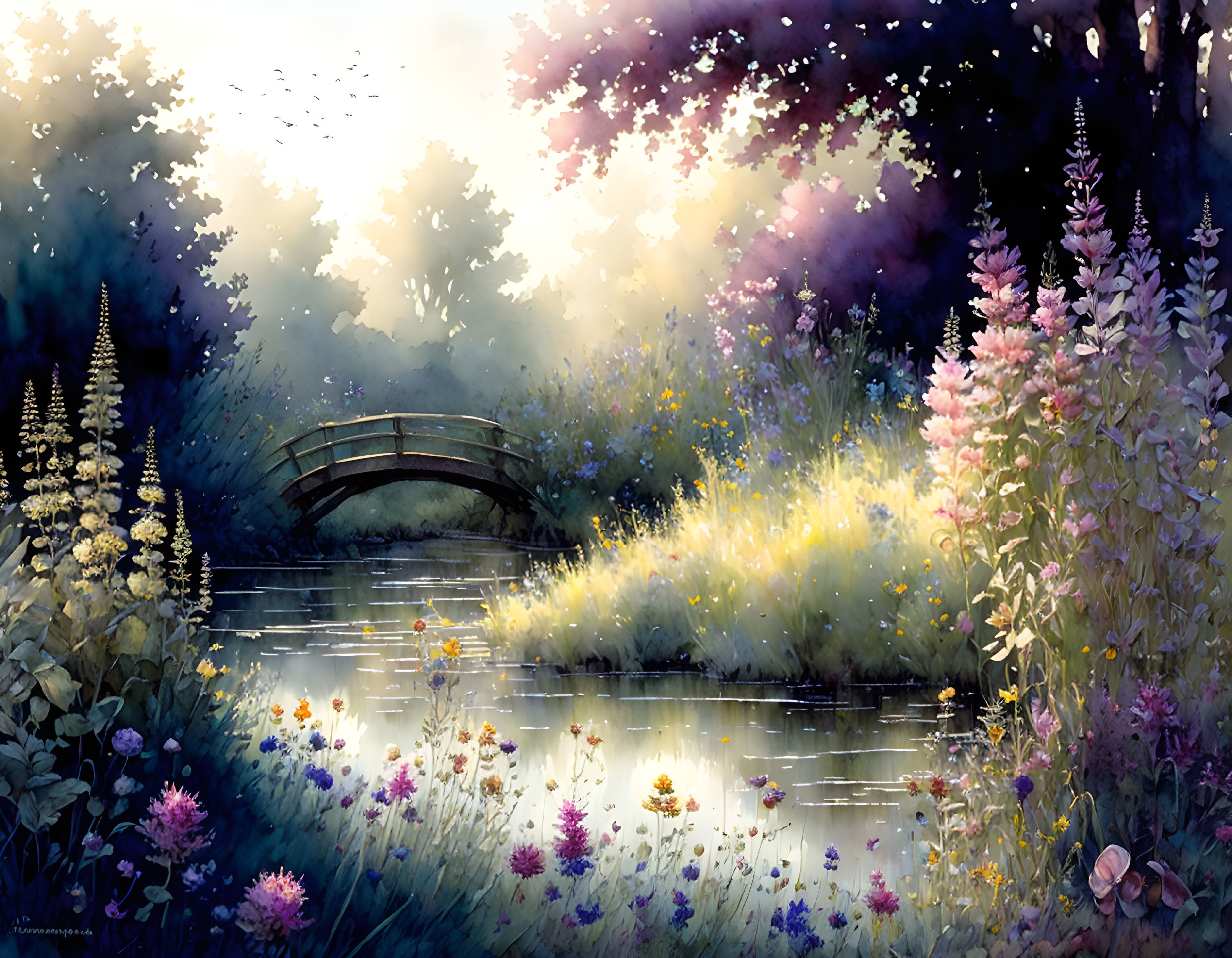 Tranquil watercolor painting of lush garden with wooden bridge