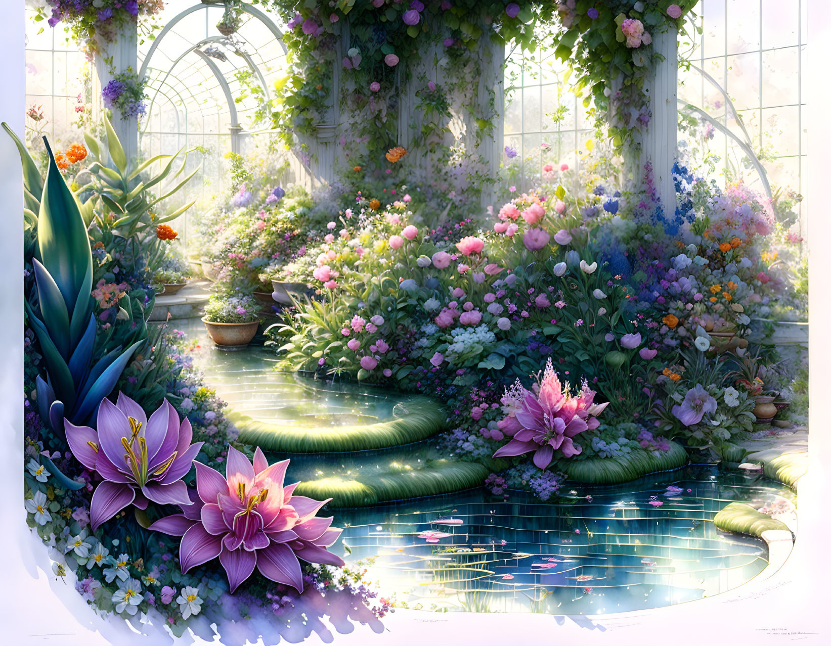 Tranquil garden scene with vibrant flowers, lily pads, and lush foliage under soft light