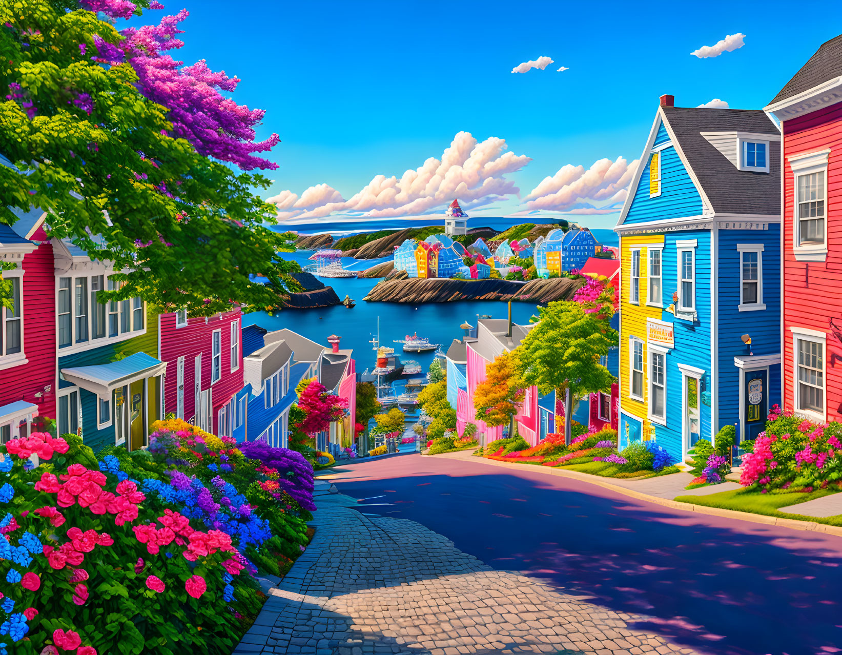 Picturesque coastal town with colorful houses, harbor, boats, and lighthouse under clear sky.