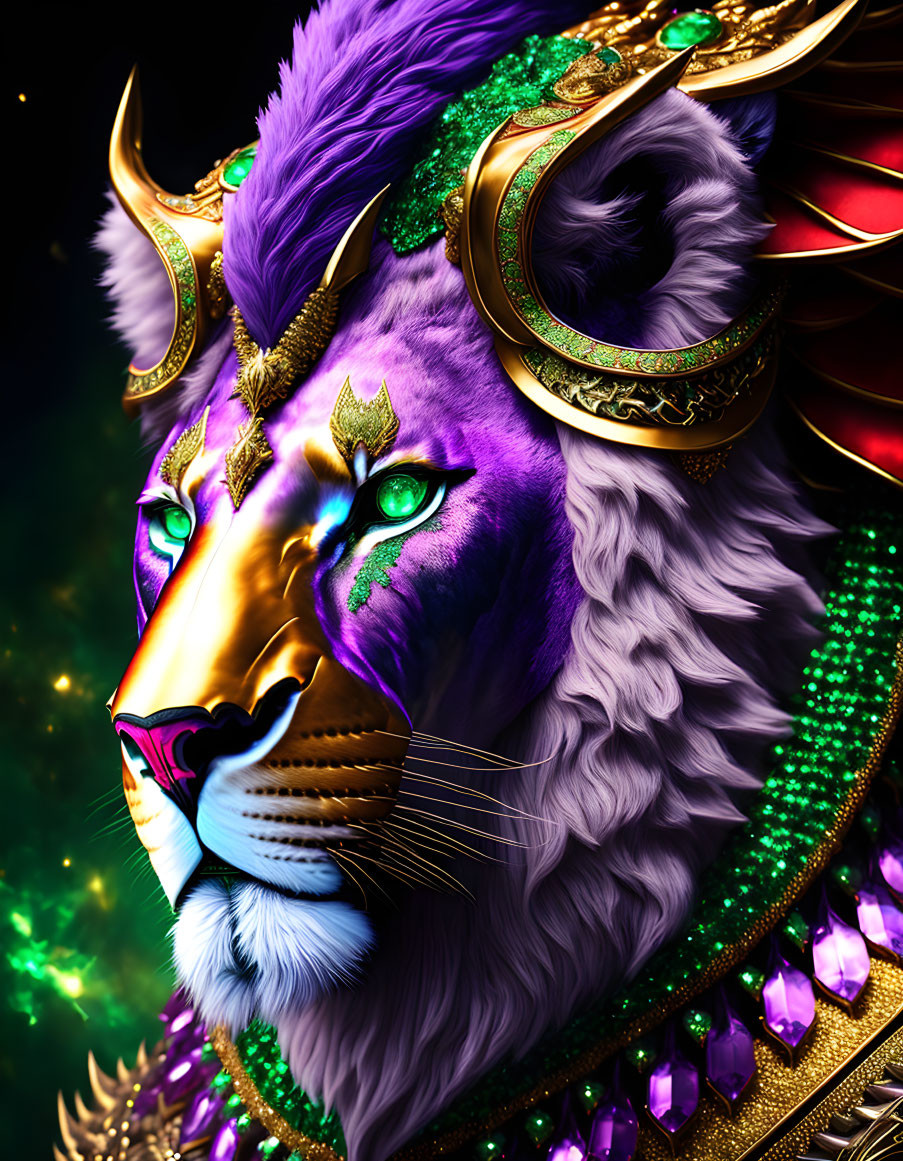 Colorful Mythical Lion Illustration with Purple Mane and Golden Headdress