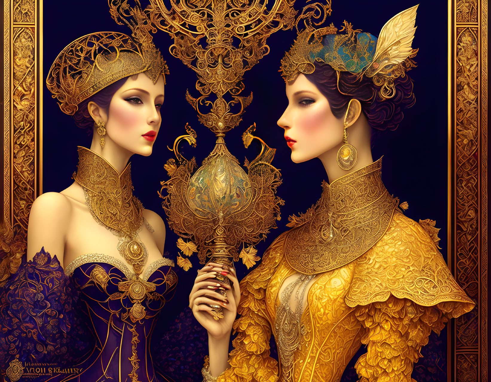 Two Women in Elaborate Golden Attire and Headpieces on Dark Patterned Background