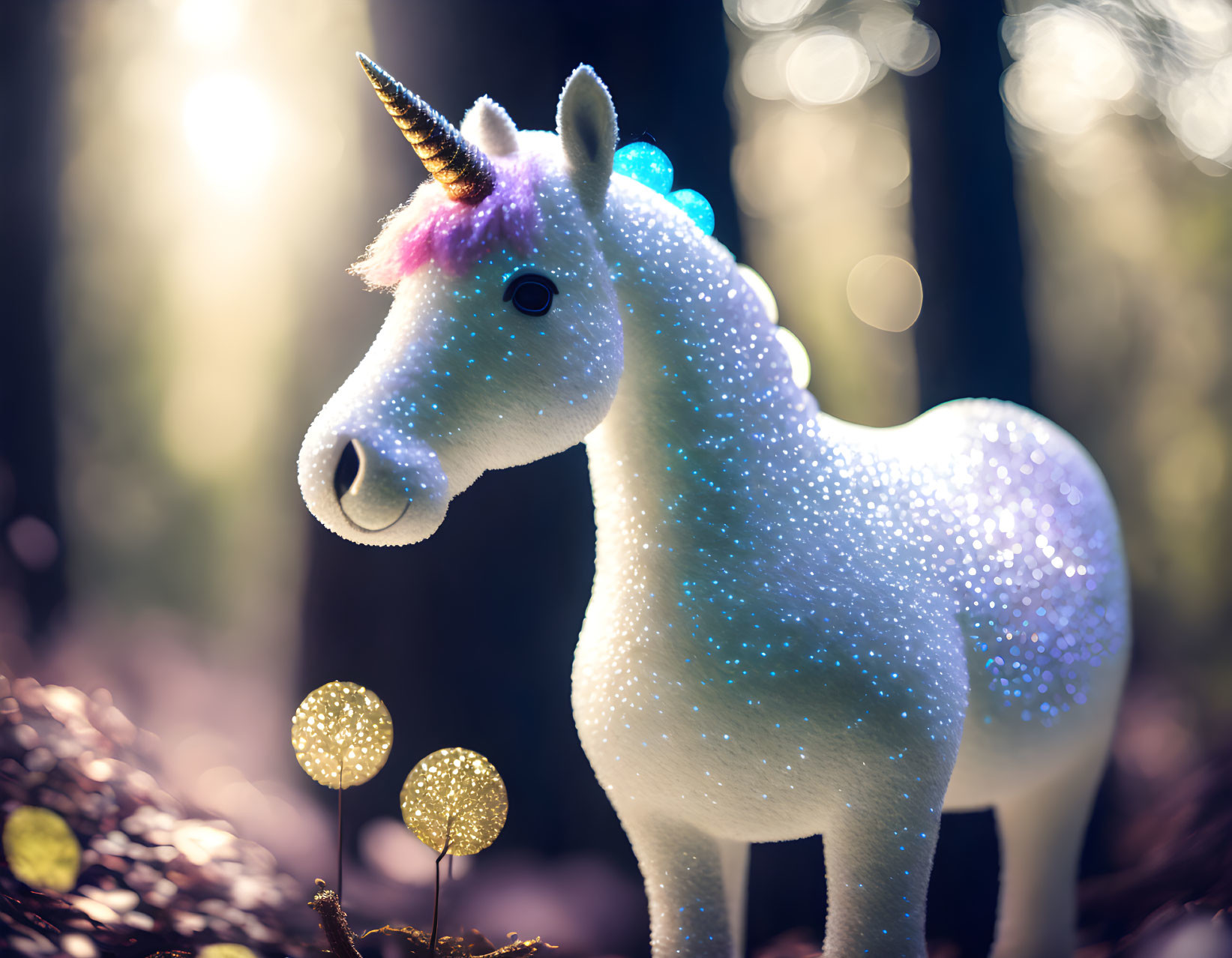 Sparkling toy unicorn with colorful mane in forest with orbs and light beams