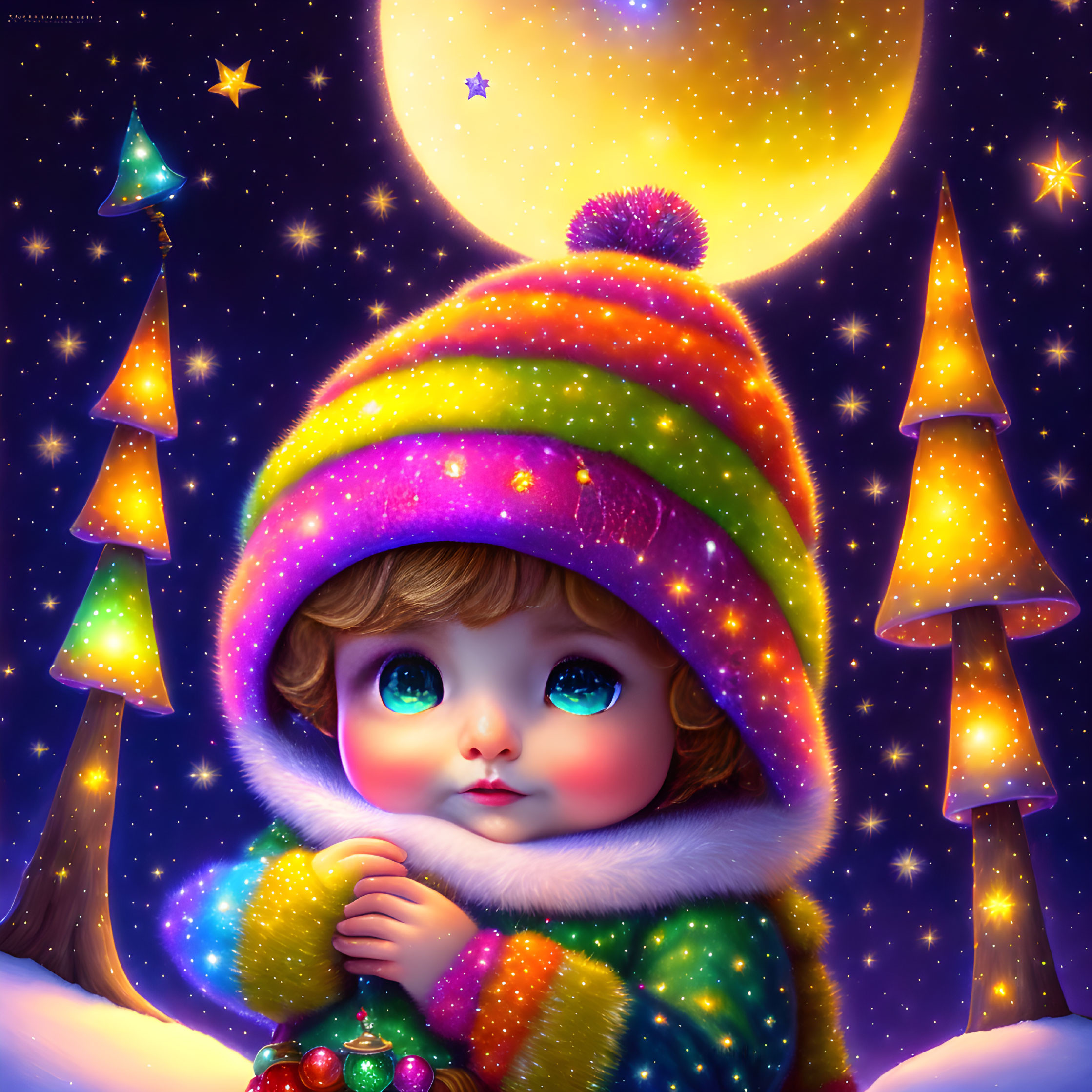 Child in Winter Scene with Christmas Trees and Moon