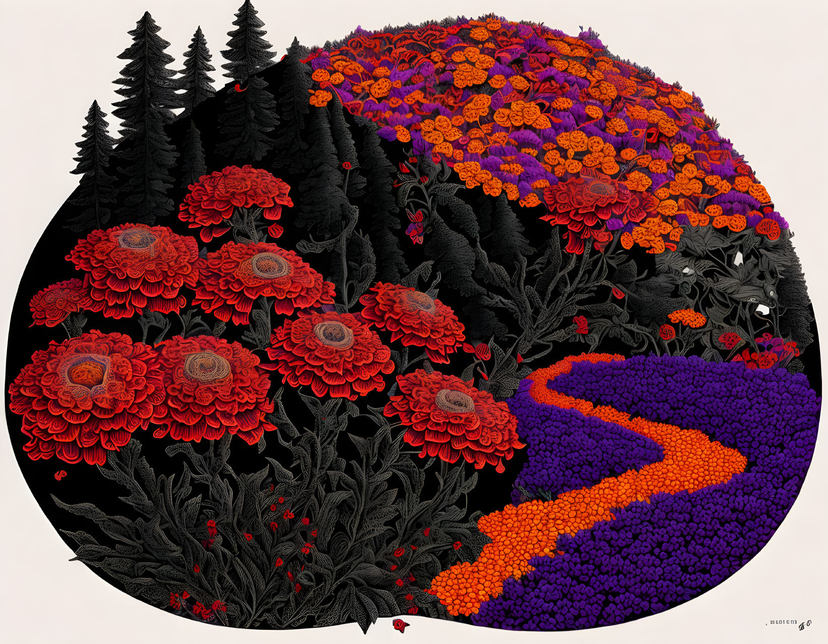 Circular Artwork: Vibrant Orange and Red Flowers with Purple Path