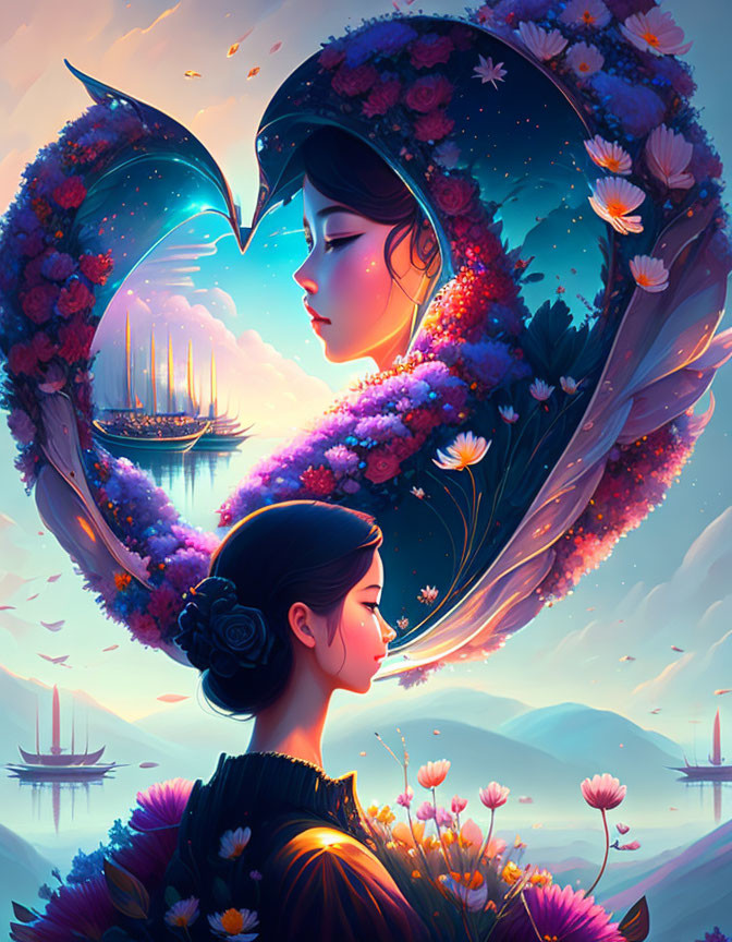 Surreal female profiles with floral hair in heart shape against maritime backdrop