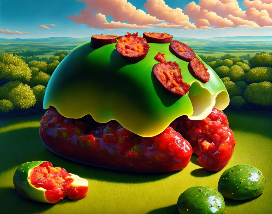 Surreal landscape featuring cheeseburger-inspired hill