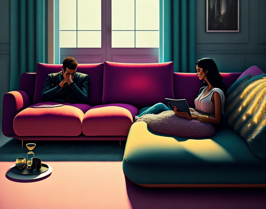 Couple on Purple Sofa Engrossed in Devices in Room with Teal Curtains