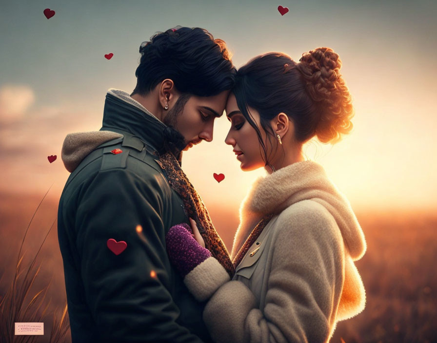 Romantic digital illustration of couple embracing in golden field at sunset