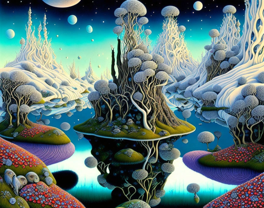 Surreal landscape with floating islands and oversized mushrooms under a starry night sky