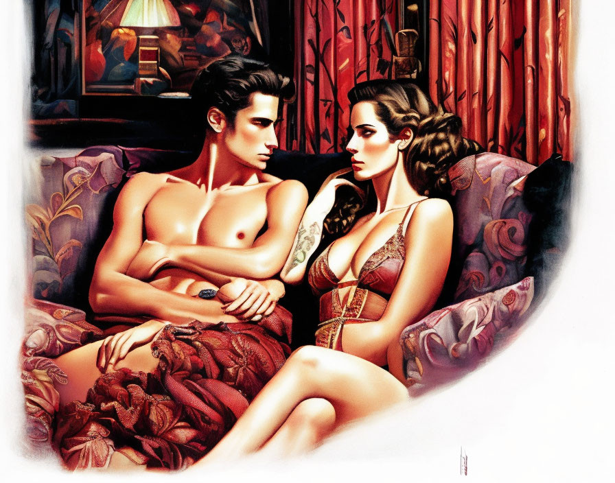 Illustration of man and woman in vintage intimate apparel on red backdrop